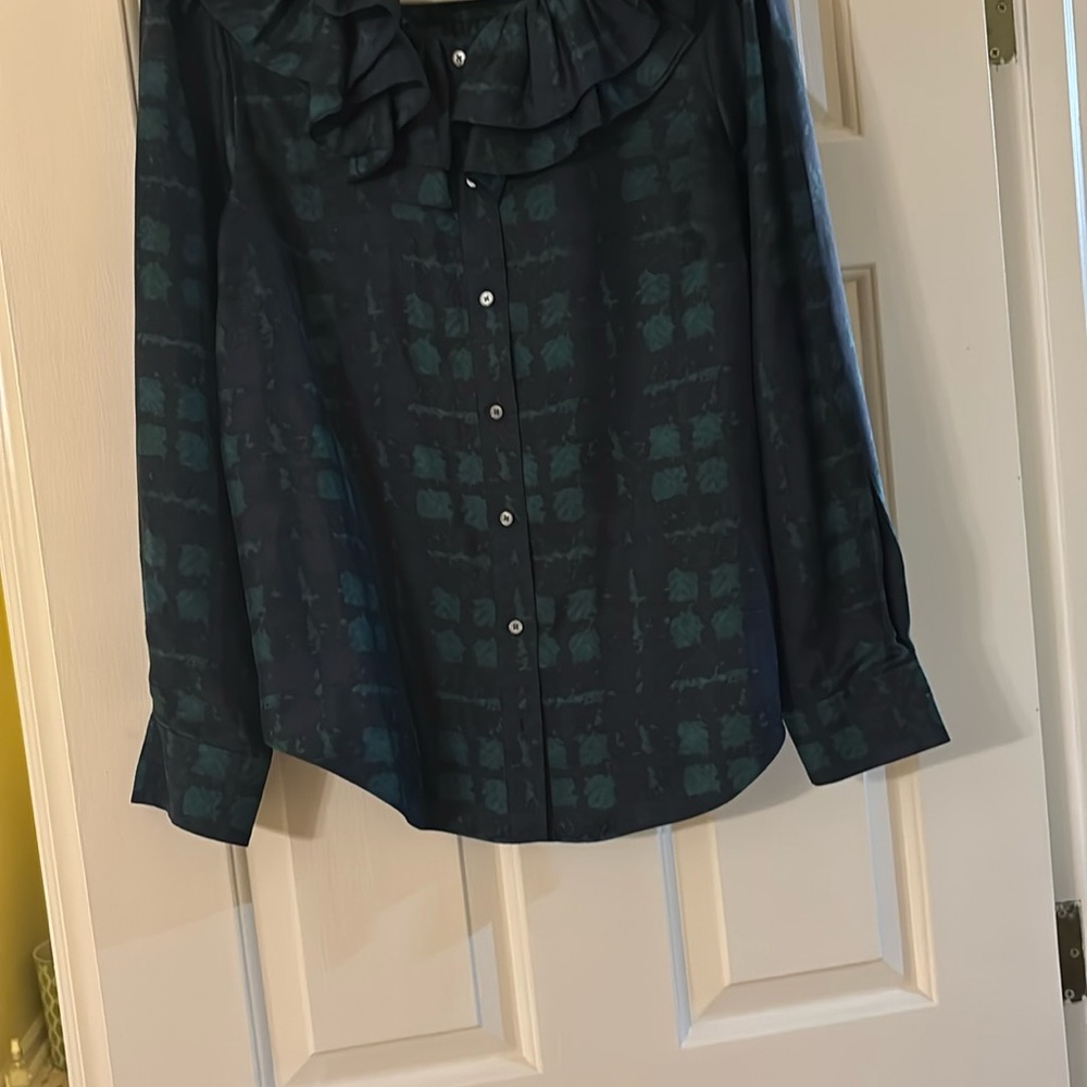100% Silk Black Watch Ruffle Collar Blouse